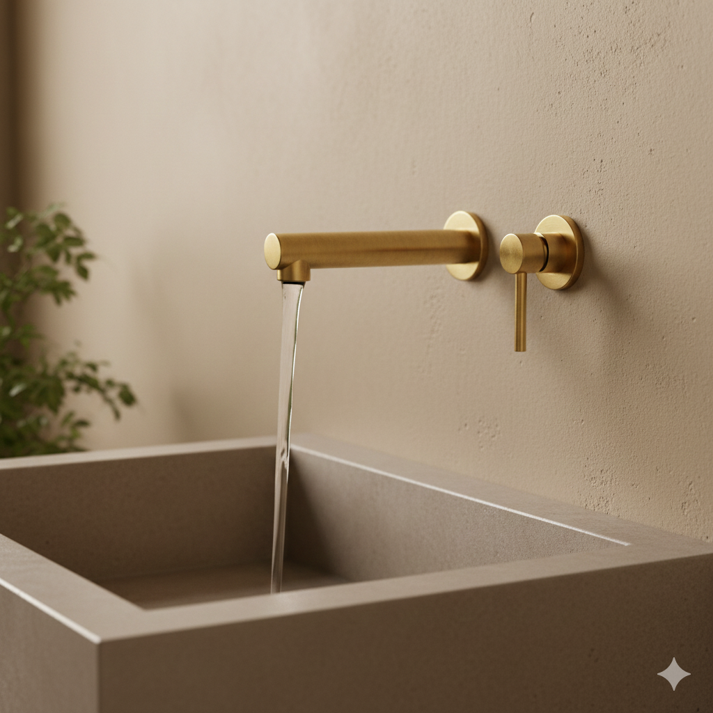 shot of a brushed brass faucet, in a modern minimalistic bathroom with betonciré textures and soft natural lighting.