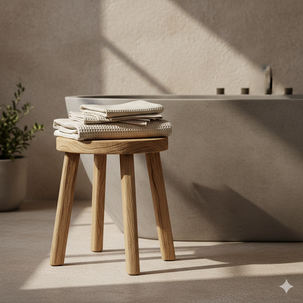 shot of a natural wooden stool next to a concrete bathtub, betonciré textures, warm natural lighting, Scandinavian industrial style